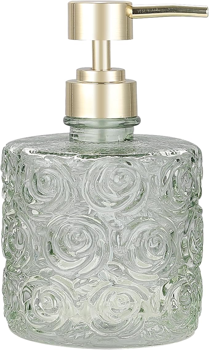 Marcella Glass Soap Dispenser with Soap Pump, Refillable 14 Ounce Capacity, Floral Design Rose Patterns, Heavy Weight Thick Glass for Bathroom, Premium Kitchen Soap Dispenser Reseda Sage