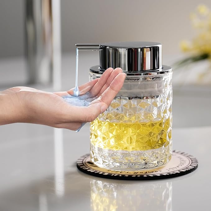 Hand Soap Dispenser Glass, Refillable Liquid Dispenser for Bathroom & Kitchen,Lotion Dispenser with Large Silver Pump（Diamond Pattern-Clear）