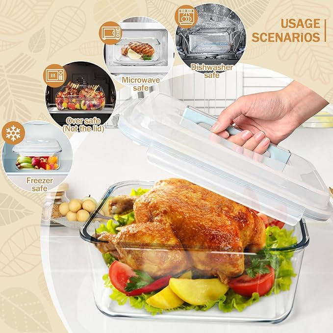 Large Glass Storage Containers with Lids, Extra Large Glass Food Containers for Rotisserie Chicken/Turkey and Potluck, Giant Watermelon Container, XL Big Bowl Freezer Storage Container Airtight 200oz
