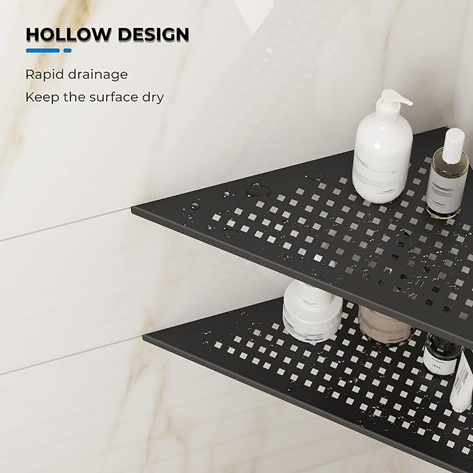 FerdY 2-Pack 10" Matte Black Recessed Corner Shower Shelf, for Tiled Bathroom Walls, 304 Stainless Steel Floating Shelf, Shower Caddy Storage Shelves, No Drilling Required, Point Triangle