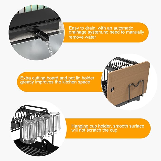 Large Dish Drying Rack,Dish Rack 2 Tier,Dish drainers for Kitchen Counter with Cup Chopping Board Cutlery Holder,Anti-Rust Collapsible 16.5" L x 11.8" W Black