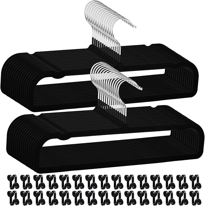 30 Pack Black Velvet Pants Hangers with 30 Hooks Non Slip, Felt Trouser Hanger for Closet, Thin Space Saving Clothes Hanger, Strong, Durable, 360 Degree Rotatable Hook for Tank Top, Shorts