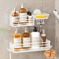 LEVERLOC Shower Caddy Suction Cup, 2 Pack Shelves for Inside with Hooks and Soap Holder, NO-Drilling Bathroom Organizer, Rustproof Meatl Bathroom Holder, White