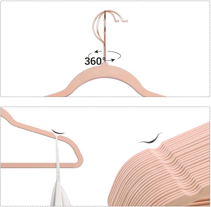 SONGMICS Slim Velvet Hangers, Non-Slip Clothes Hangers with Rose Gold Swivel Hooks, Space-Saving, for Closet, 50 Pack, Pink UCRF026P02