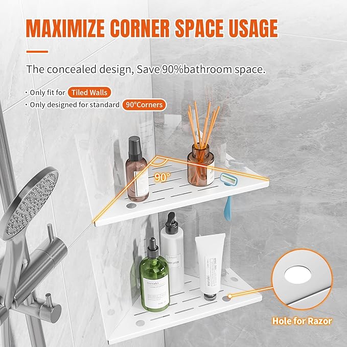 HBXS Corner Shower Shelf with Razor Hole, Rustproof Stainless Steel Shower Organizer, No Drilling Tile Shower Shelves, Modern Bathroom Shelf for Tile Wall, Grout in Shelf for Bathroom 2-Pack, 10"