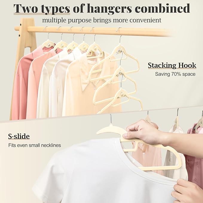 Velvet Hangers 50 Pack, S-Shaped and Stackable Non Slip with 360°Swivel Hook, Ultra Thin and Space Saving Flocked, for Suits, Shirts, Coats, 15Lbs Capacity Heavy Duty, Ivory