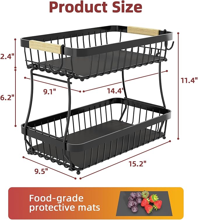 2 Tier Large Fruit Basket for Kitchen Counter with 2 Mobile Banana Hangers, 2026 Pro Detachable Metal Fruit Bowl with Wooden Handle (Black, 2 Tier Extra Large)