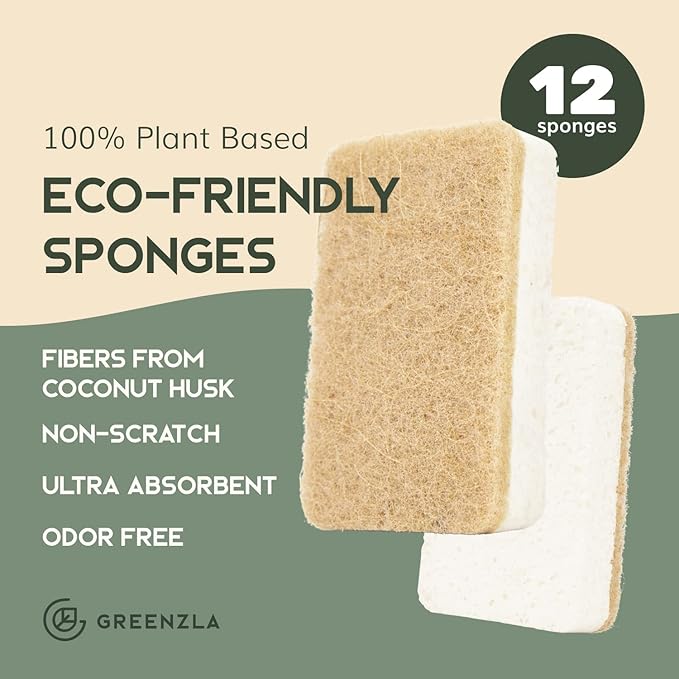 Greenzla Kitchen Sponges, Plant-Based Dish Sponges, Non-Scratch Sisal Hemp Scouring Pads for Dishes, Countertops, Bathtubs, and Tiles, 12 Pack