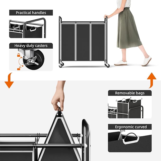 ROMOON Laundry Sorter Hamper 3 Section, Divided Laundry Basket Organizer with Heavy Duty Lockable Wheels and Removable Bags, Rolling Clothes Hamper for Apartment, Dorm & Family (130L Modern Black)