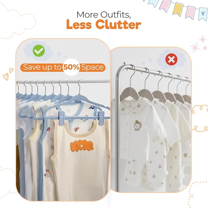 Velvet Baby Hangers with Clips (30 Pack) | 11” Ultra-Slim Baby Clothes Hangers | Non-Slip Felt | Space-Saving Nursery & Infant Closet Organizer | Blue