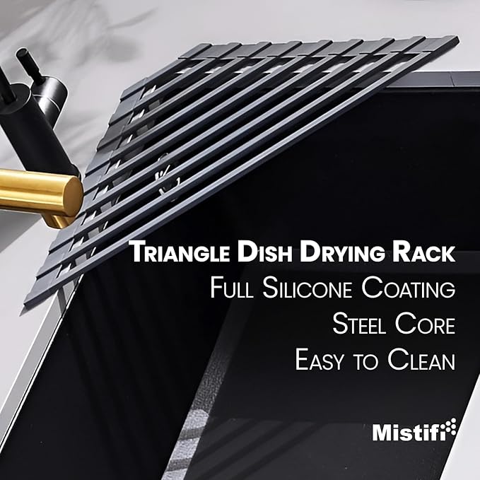 Mistifi Full Silicone-Coated Triangle Roll-Up Dish Drying Rack with Steel Core for Sink Corners – Multipurpose Over-The-Sink Kitchen Drainer & Space-Saving Organizer (Gray)