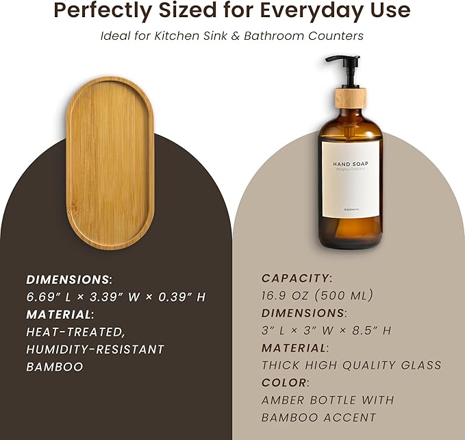 MaisoNovo Glass Dish Soap Dispenser for Kitchen Set of 2-16.9oz Amber Dish and Hand Soap Dispenser Set for Kitchen - Amber Glass Bottles x 2 with Black Bamboo Pumps & Tray