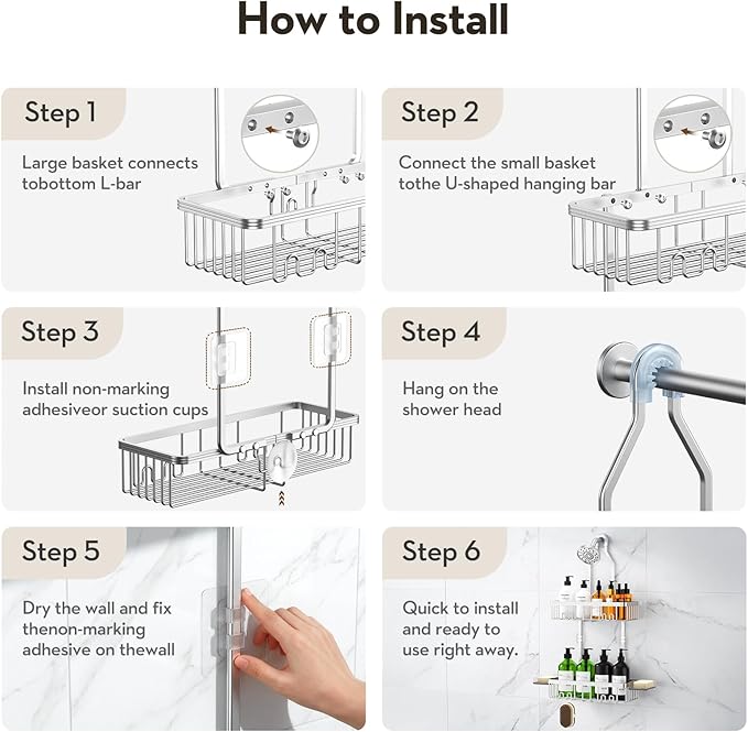 VALORDINE Shower Caddy Hanging, Shower Organizer Hanging, Aluminum Shower Racks for Inside Shower with Hooks for Razor, Never Rust Bathroom Organizers and Storage with Soap Holder, Bright Silver