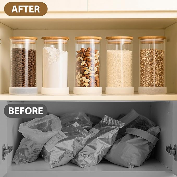 53oz Round Glass Storage Containers with Bamboo Lids – 4 Pack Large Airtight Glass Jars for Pantry Organization, Kitchen Dry Food, Flour, Cereal, Coffee Beans & Staples