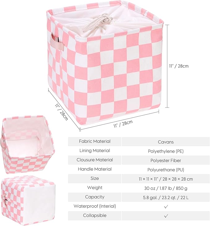 Hinwo 3-Pack Cubic Organizer Shelf Bins, Canvas Fabric Storage Baskets with Handles, 22L/5.8-Gal Square Storage Bins, Cubes, Collapsible Storage Box, 11 x 11 x 11 Inches (S, Pink Checkerboard)