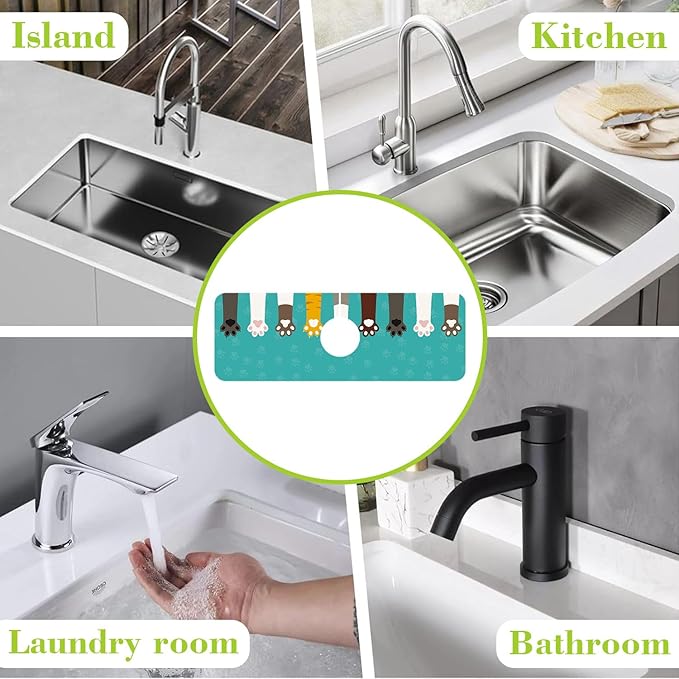Sink Splash Guard Faucet Mat Cat Paws and Footprints Absorbent Fast Drying Mat Sink Gadgets Splash Guard Behind Faucet Drip Catcher for Kitchen Bathroom 15.5"X5.5"