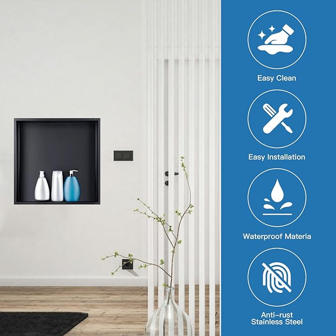 BATHFINESSE Shower Niche 12 x 12, Matte Black Stainless Steel Shower Niche Shelf Recessed for Bathroom Storage No Tile Needed Over Mount Installation