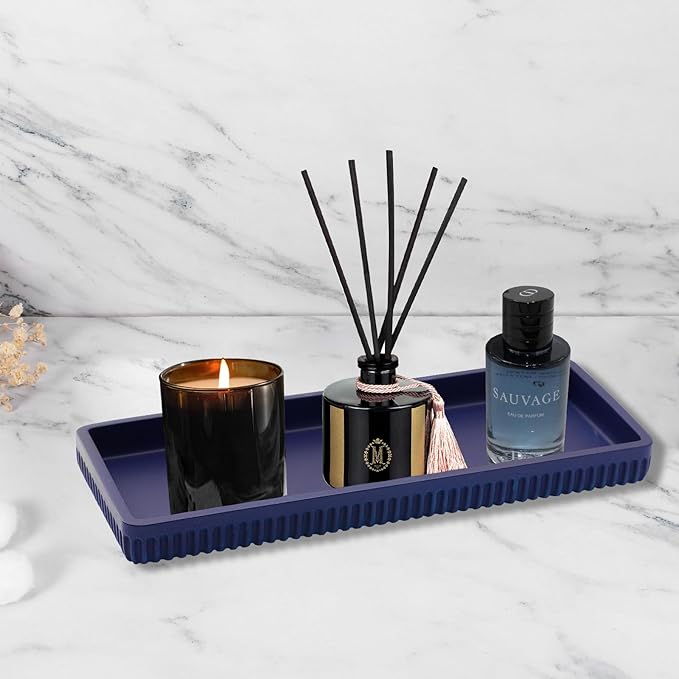 Resin Navy Blue Bathroom Accessories Set 5 Pcs, Lotion Soap Dispenser, Toothbrush Holder, Bathroom Tumbler, Qtip Holder and Vanity Tray, Bathroom Countertop Organizer Set for Modern Apartment