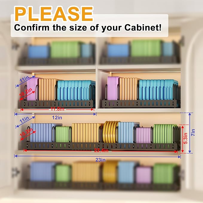 Expandable Food Container Lid Organizer,Large Capacity Adjustable 8 Dividers Detachable Lid Organizer Rack for Cabinets, Cupboards, Pantry Shelves, Drawers Keep Kitchen Tidy,Black 10.2”wide,3.6 Pound.
