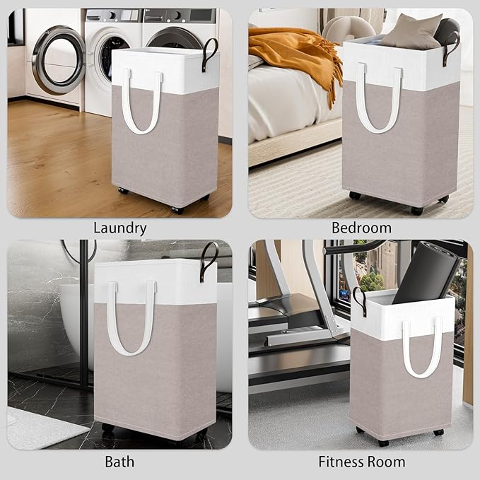 HomeHacks Laundry Basket with Wheels, Rolling Laundry Hamper, Collapsible & Waterproof Clothes Hamper, Narrow Corner Bins with Extended Handles for in the Family & Dorm 90L, Khaki