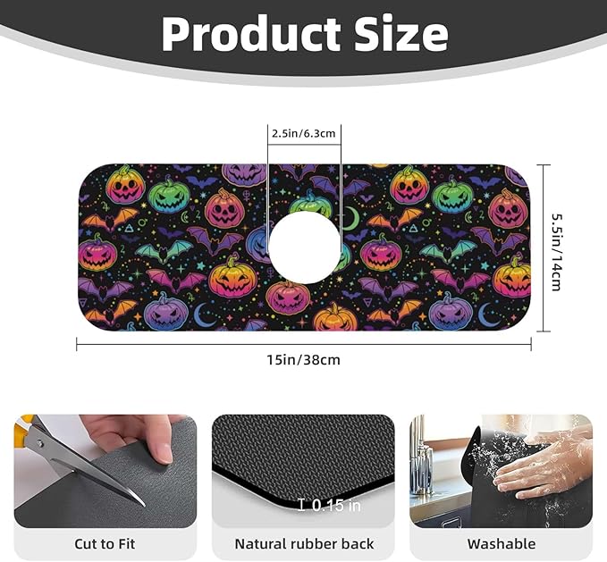 Halloween Pumpkin Bat Pumpkins Bats Kitchen Sink Splash Guard Faucet Mat Super Absorbent Fast Drying Mat Sink Gadgets-Fast Drying Pad Sink Mat For Kitchen Bathroom (15" X 5.5" )