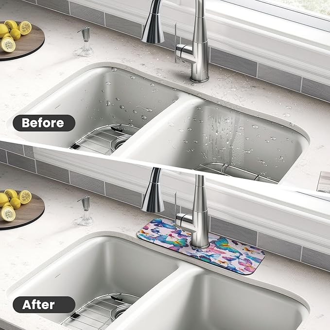 Faucet Draining Mat For Kitchen Sink, Colorful Butterflies Diatom Mud Absorbent Drain Pad For Bathroom Kitchen Sink Splash Guard Drying Mat