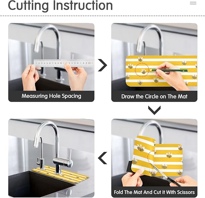 Kitchen Sink Splash Guard 1 PC 14.7 Inch Sink Faucet Mat Splash Guard for Bathroom Countertop Water Absorbent Foldable Cuttable Soft Washable Yellow and White Striped Bees01