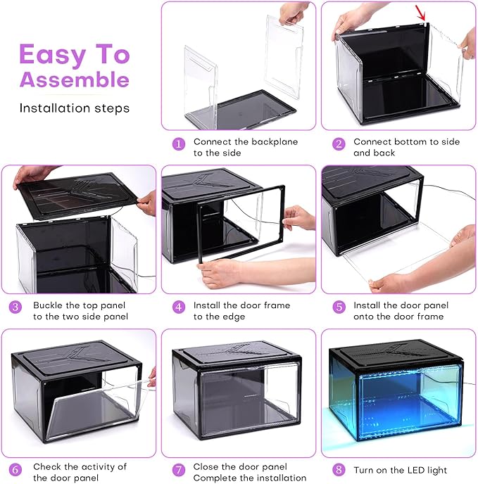 Shoe Storage Organizer for Closet, Foldable Shoe Boxes Rack 2 pack, Clear Plastic Stackable Containers Bins Holder, Magnetic Sneaker Shelf for Sneakerheads with LED Lights (Black)