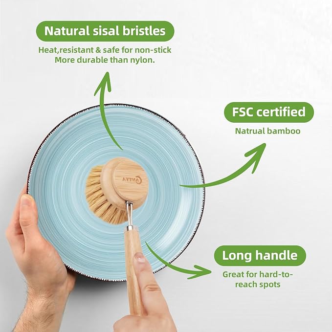 Bamboo Scrub Brush with Handle - Soft Bristles, Non Toxic Dish Brush, Compostable & Biodegradable, Bamboo Dish Scrubber for Cookware, Bowls and Plates, Non-Stick Pans