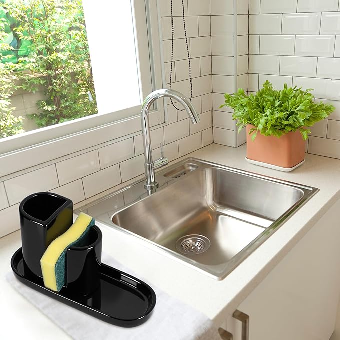 Geelin 3 in 1 Ceramic Kitchen Sink Caddy Dish Sponge Holder Scrub Brush Holder and Soap Tray for Kitchen Organizer Rustic Farmhouse Supplies(Black)