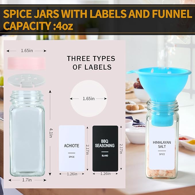24 Glass Spice Jars with Labels,Spice Jar Set,4oz Seasoning Containers,Spice Containers with Pink Airtight Lids and Shaker Lids,Square Empty Spice Bottles, 492 Labels,1 Funnel