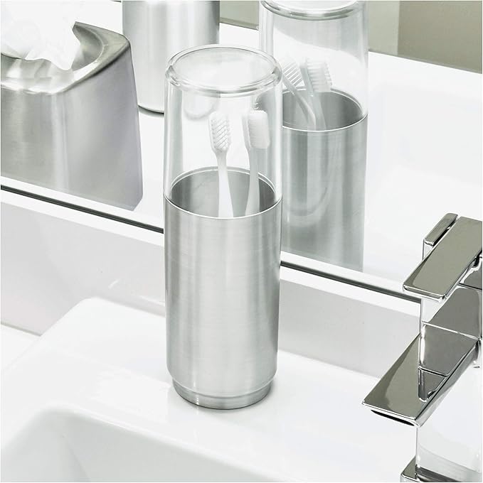 iDesign Austin Metal Covered Holder Stand, Holds Regular and Electric Toothbrushes in Master, Guest, Kid's, College Dorm Bathroom, Brushed
