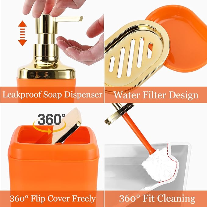 Bathroom Set - Orange Bathroom Sets with Shower Curtain and Rugs, 24PCS Shower Curtain Set with Hooks, Soap Dispenser, Soap Dish, Toilet Brush Holder and Trash Can for Housewarming