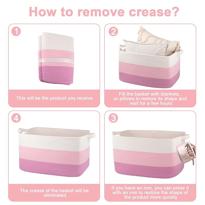 OIAHOMY Large Storage Basket, Cotton Rope Woven Blanket Basket, Toy Bin for Baby Room, Container for Blanket Storage in Living Room, 20''×16''×12'', Gradient Pink
