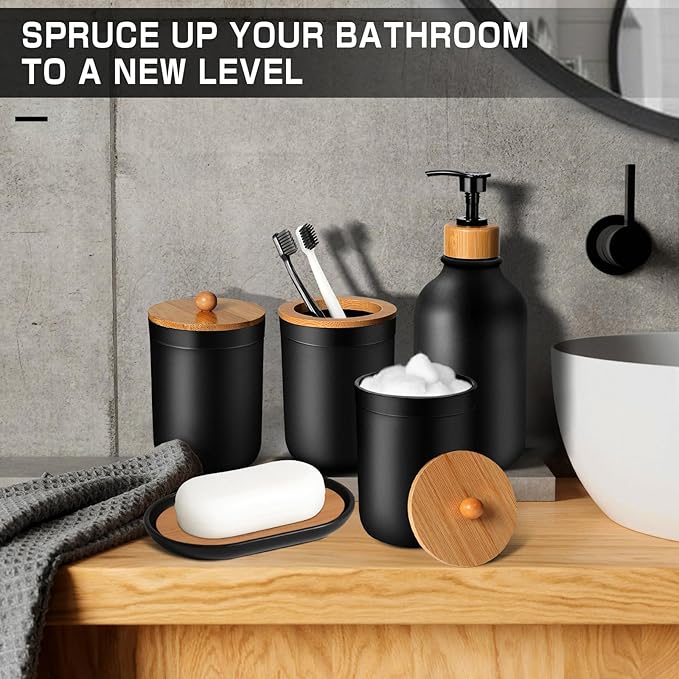 Black Bathroom Accessories Set 5 Pcs, Matte Black Bathroom Accessories, Plastic Soap Dispenser and Toothbrush Holder Set, Soap Dish, Cotton Swab Jar, Black Bathroom Set, Boho Bathroom Decor