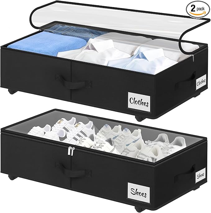 Under Bed Storage with Wheels, 2-Pack 6.7" Height XL 50L Rolling Storage Bins, Quick Assembly Underbed Shoe Storage Containers with Clear Lid & Label, Dorm Under bed Drawers for Clothes, Shoes, Black