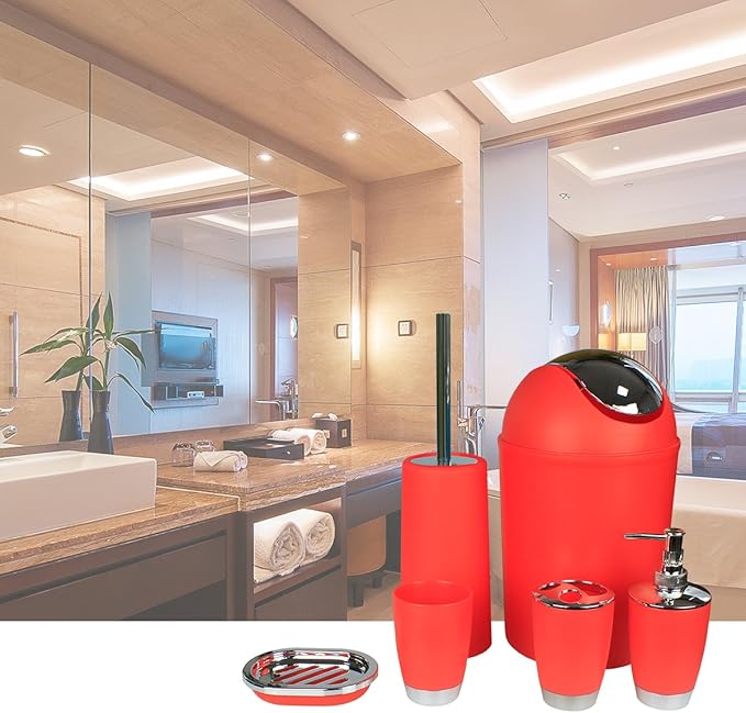 Bathroom Accessories Set, 6-Piece Plastic Gift Set, Toothbrush Holder, Toothbrush Cup, Soap Dispenser, Soap Dish, Toilet Brush Holder, Trash Can (RED)