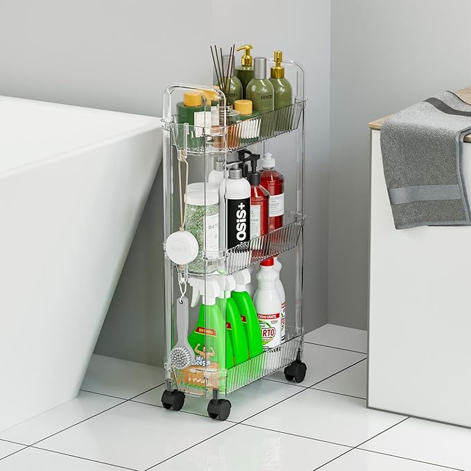 3 Tier Slim Rolling Storage Cart with Wheels for Small Space,Clear Modern Design Slim Utility Cart Suitable as Bathroom Cart Organizer Shelf,Skinny Bathroom Storage Rack,Narrow Laundry Cart on Wheels