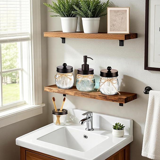 Amolliar Mason Jar Bathroom Accessories Set 4 Pcs -Lotion Soap Dispenser & 2 Qtip Holders & Toothbrush Holder - Rustic Farmhouse Decor, Bathroom Home Decor (Bronze)