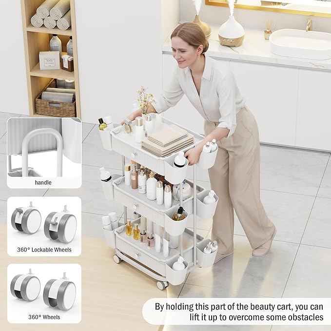 3 Tier Drawer Shelf Beauty Cart with 12 Movable Storage Organizer, Thickened Durable ABS, 360° Wheels for Salon Station for Hair Stylist, Beauty Salon, Spa Massage Parlor, Makeup Organizer - White