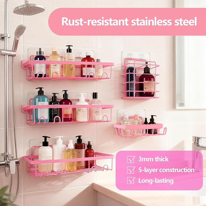 5 Pack Shower Caddy, Pink Stainless Steel Shower Shelves, Adhesive Showers Organizer, No Drilling Rustproof Bathroom Shelves with Soap Holder & Toothbrush Holder for Bathroom Home (Pink)