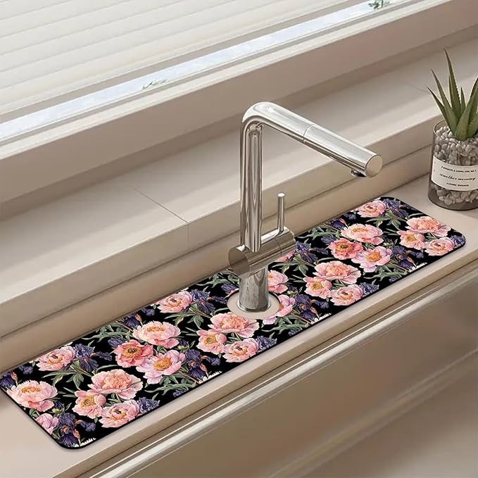 Sink Splash Guard Faucet Mat Peony and Iris Flowers Absorbent Fast Drying Mat Sink Gadgets Splash Guard Behind Faucet Drip Catcher for Kitchen Bathroom 23.5"X5.5"