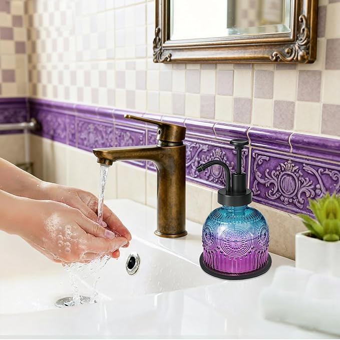 SheeChung Vintage Soap Dispenser, Kitchen Dish Soap Dispensers with Pump Mat, Glass Hand Soap Dispenser for Bathroom, Liquid, Lotion, Refillable, Rustic Farmhouse Decor-Purple Blue (Black Pump, 2 pk)