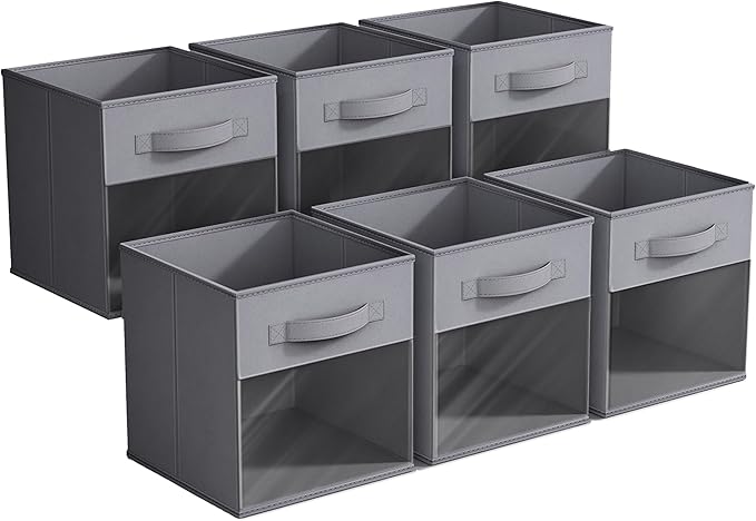 Sorbus 11 Inch Storage Bins with Clear Window - 6 Foldable Baskets for Organizing Clothes, Toys, Books - Sturdy Collapsible Fabric Storage Cubes with Handle - Storage Baskets for Shelves, Closets