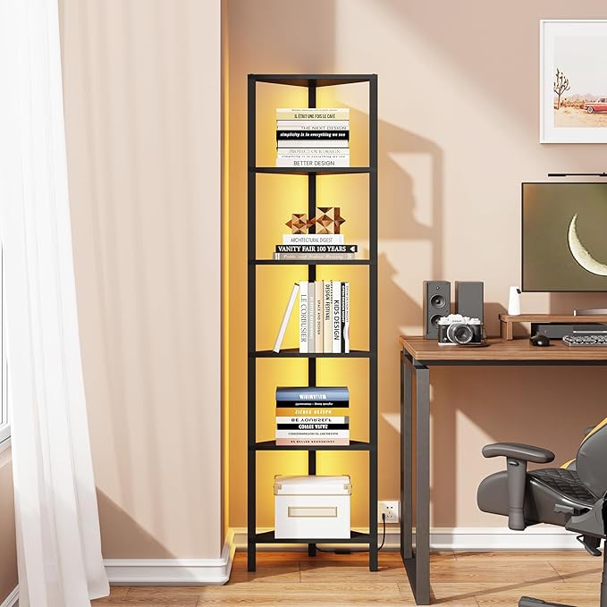 TUTOTAK Corner Shelf with LED Light, 6-Tier Corner Bookshelf for Small Space, Narrow Display Corner Shelf Stand with Storage Rack, for Living Room, Bedroom, Black BS05BK006L