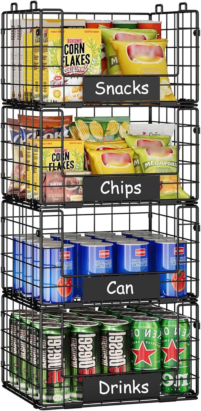 JKsmart Pantry Organizers and Storage, 4 Pack XL Stackable Wire Baskets with NamePlates, Metal Storage Bins for Snack Can Fruit Vegetable Spice