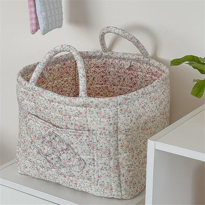 Quilted Fabric Storage Basket with Handles & Pocket, Foldable Laundry Hamper Boho Floral Print Organizer Bin for Home, Picnic, Office 12"x10"x10" (A-1)