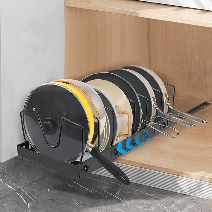 XIAPIA Pull Out Pots and Pans Organizer Under Kitchen Cabinet, Pot Lid Organizers, Slide Out Cookware Storage Rack with 8 Adjustable Dividers, Pull Out Shelves for Dishware Seasoning, (Black, 1 Pack)