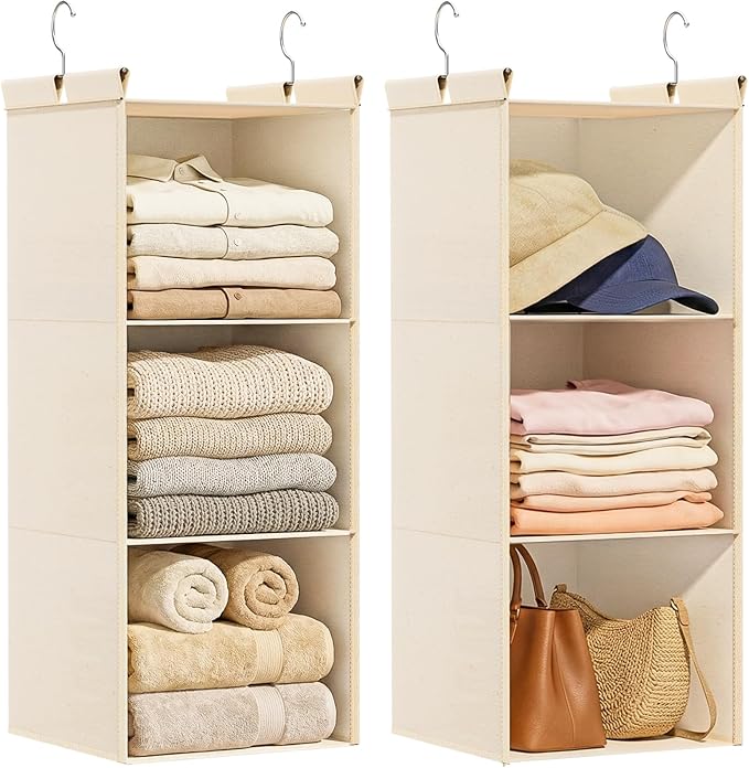 Ofiray-home Pure Cotton Dual Hanging Closet Organizer, 2-Pack 3-Tier Breathable Storage Bags for Wardrobe, RV, Nursery, Small Closets Heavy-Duty Cotton, Natural Beige