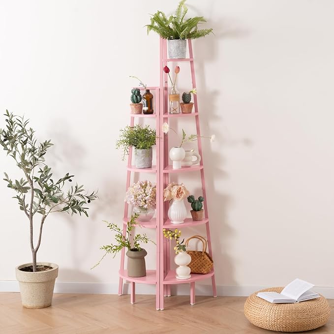 Yoobure Corner Shelf, 4-Tier Corner Bookshelf with Metal Frame & Wood Ladder Shelves - Display Shelf & Tall Bookcase, Plant Stand for Home Decor - Bedroom, Living Room, Office